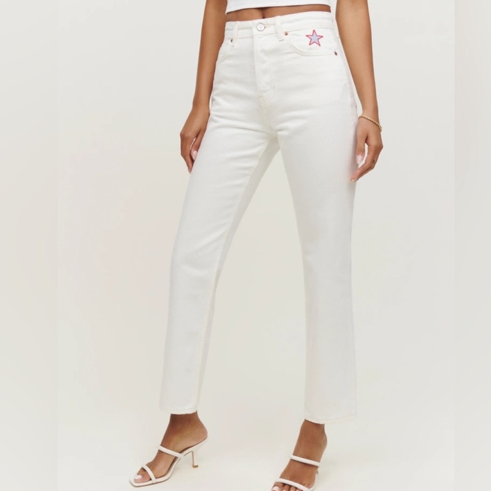 NWT Reformation Cynthia High Rise Straight Jeans with Star Embroidery